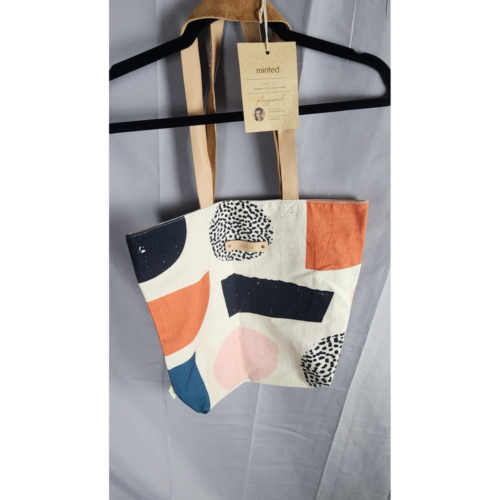 Minted Playground Snap Tote Bag Iveta Angelova Art Cotton Leather Straps Leslie